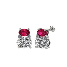 Rodolit garnet, beyaz zirkon ve pırlanta 8 ayar beyaz altın küpe (0.072 karat)