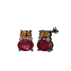 Thea Küpe - Dumanlı kuvars, kök yakut ve pırlanta 925 ayar siyah rodyum kaplama gümüş küpe (0.072 karat) #r46zxe