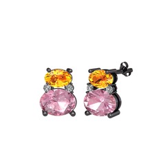 Thea Küpe - Sitrin, pembe kuvars ve beyaz zirkon 925 ayar siyah rodyum kaplama gümüş küpe #vtfhn5