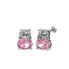 Beyaz zirkon, pembe kuvars ve pırlanta 18 ayar beyaz altın küpe (0.072 karat)