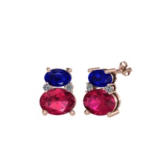 Lab safir, rodolit garnet ve pırlanta 14 ayar rose altın küpe (0.072 karat)