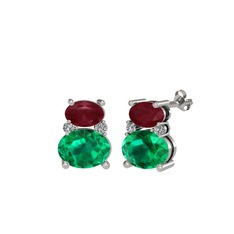 Kök yakut, yeşil kuvars ve swarovski 8 ayar beyaz altın küpe