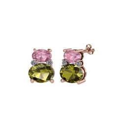Thea Küpe - Pembe kuvars, peridot ve pırlanta 8 ayar rose altın küpe (0.072 karat) #y9n6yp