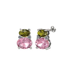 Peridot, pembe kuvars ve pırlanta 18 ayar beyaz altın küpe (0.072 karat)