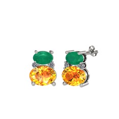 Kök zümrüt, sitrin ve pırlanta 8 ayar beyaz altın küpe (0.072 karat)