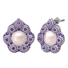 Efruz Küpe - Pembe inci ve ametist 18 ayar beyaz altın küpe #15xvtan