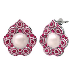Efruz Küpe - Pembe inci ve rodolit garnet 18 ayar beyaz altın küpe #1ia255e