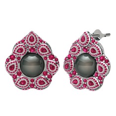 Siyah inci ve rodolit garnet 8 ayar beyaz altın küpe