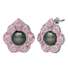 Siyah inci ve pembe kuvars 8 ayar beyaz altın küpe