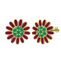 Kök zümrüt 18 ayar altın küpe (Bordo kırmızı mineli)