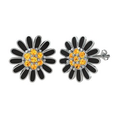 Papatya Küpe - Sitrin 14 ayar beyaz altın küpe (Siyah mineli) #14tapt6