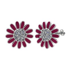 Papatya Küpe - Beyaz zirkon 8 ayar beyaz altın küpe (Bordo kırmızı mineli) #16rh3h0