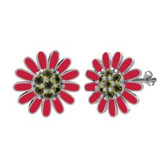 Peridot 14 ayar beyaz altın küpe (Kırmızı mineli)