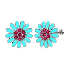 Papatya Küpe - Rodolit garnet 18 ayar beyaz altın küpe (Turkuaz mineli) #1e20aax