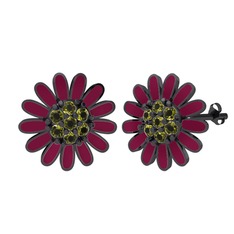 Papatya Küpe - Peridot 925 ayar siyah rodyum kaplama gümüş küpe (Bordo kırmızı mineli) #3g2rx5