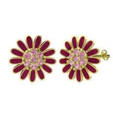 Pembe kuvars 8 ayar altın küpe (Bordo kırmızı mineli)