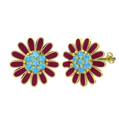 Akuamarin 14 ayar altın küpe (Bordo kırmızı mineli)
