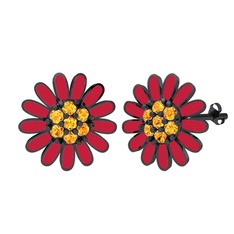 Papatya Küpe - Sitrin 925 ayar siyah rodyum kaplama gümüş küpe (Kırmızı mineli) #5hsimo