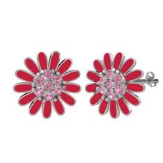 Papatya Küpe - Pembe kuvars 8 ayar beyaz altın küpe (Kırmızı mineli) #6dslwe