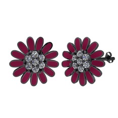 Papatya Küpe - Pırlanta 925 ayar siyah rodyum kaplama gümüş küpe (0.504 karat, bordo kırmızı mineli) #72lvew