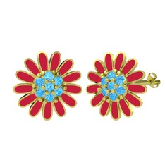 Papatya Küpe - Akuamarin 18 ayar altın küpe (Kırmızı mineli) #7t6znw