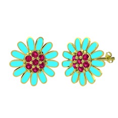 Rodolit garnet 18 ayar altın küpe (Turkuaz mineli)