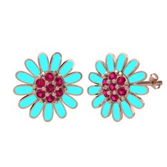 Rodolit garnet 14 ayar rose altın küpe (Turkuaz mineli)