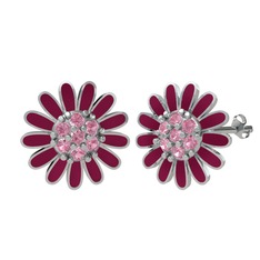 Papatya Küpe - Pembe kuvars 14 ayar beyaz altın küpe (Bordo kırmızı mineli) #rj4rme