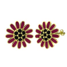 Papatya Küpe - Siyah zirkon 14 ayar altın küpe (Bordo kırmızı mineli) #rto507