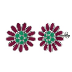 Kök zümrüt 14 ayar beyaz altın küpe (Bordo kırmızı mineli)