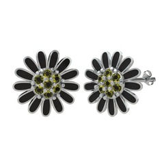 Papatya Küpe - Peridot 18 ayar beyaz altın küpe (Siyah mineli) #wx8aj3