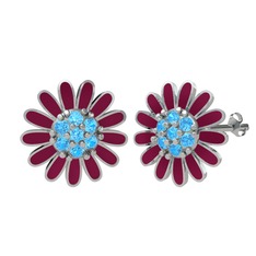 Akuamarin 14 ayar beyaz altın küpe (Bordo kırmızı mineli)