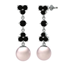 Siyah zirkon ve pembe inci 14 ayar beyaz altın küpe