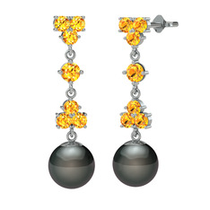 Suri İnci Küpe - Sitrin ve siyah inci 18 ayar beyaz altın küpe #11xfckr