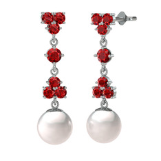 Garnet ve inci 8 ayar beyaz altın küpe