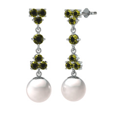 Peridot ve inci 18 ayar beyaz altın küpe