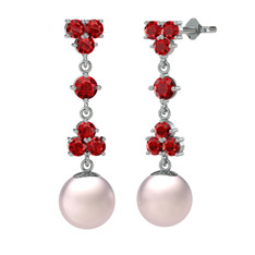 Garnet ve pembe inci 18 ayar beyaz altın küpe
