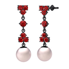 Garnet ve pembe inci 925 ayar siyah rodyum kaplama gümüş küpe