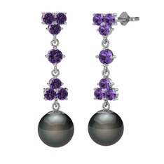 Suri İnci Küpe - Ametist ve siyah inci 14 ayar beyaz altın küpe #1w3ceg0