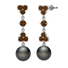 Suri İnci Küpe - Dumanlı kuvars ve siyah inci 14 ayar beyaz altın küpe #1xnv2nt