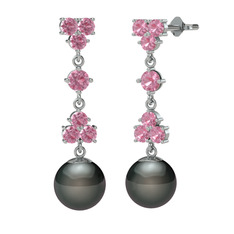 Suri İnci Küpe - Pembe kuvars ve siyah inci 8 ayar beyaz altın küpe #4sw7d6