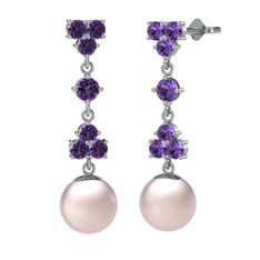 Suri İnci Küpe - Ametist ve pembe inci 8 ayar beyaz altın küpe #xqno91