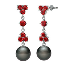 Garnet ve siyah inci 8 ayar beyaz altın küpe