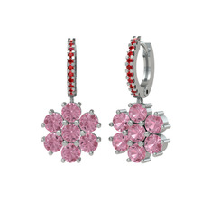 Pembe kuvars ve garnet 14 ayar beyaz altın küpe