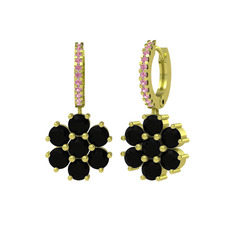 Siyah zirkon ve pembe kuvars 18 ayar altın küpe