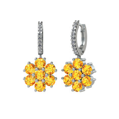 Sitrin ve beyaz zirkon 14 ayar beyaz altın küpe