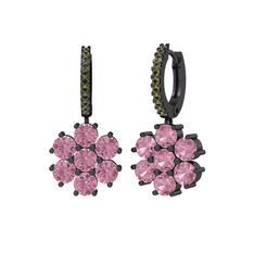 Pembe kuvars ve peridot 925 ayar siyah rodyum kaplama gümüş küpe