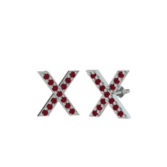 Taşlı X Küpe - Kök yakut 14 ayar beyaz altın küpe #12wcp9e