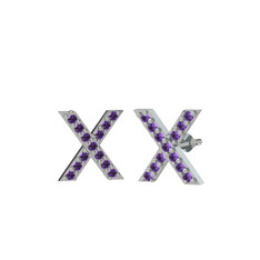 Taşlı X Küpe - Ametist 14 ayar beyaz altın küpe #1pz4ze8