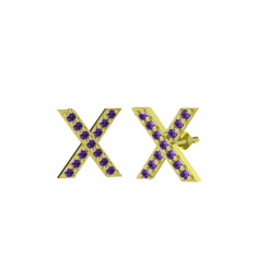 Taşlı X Küpe - Ametist 925 ayar altın kaplama gümüş küpe #s27kvn